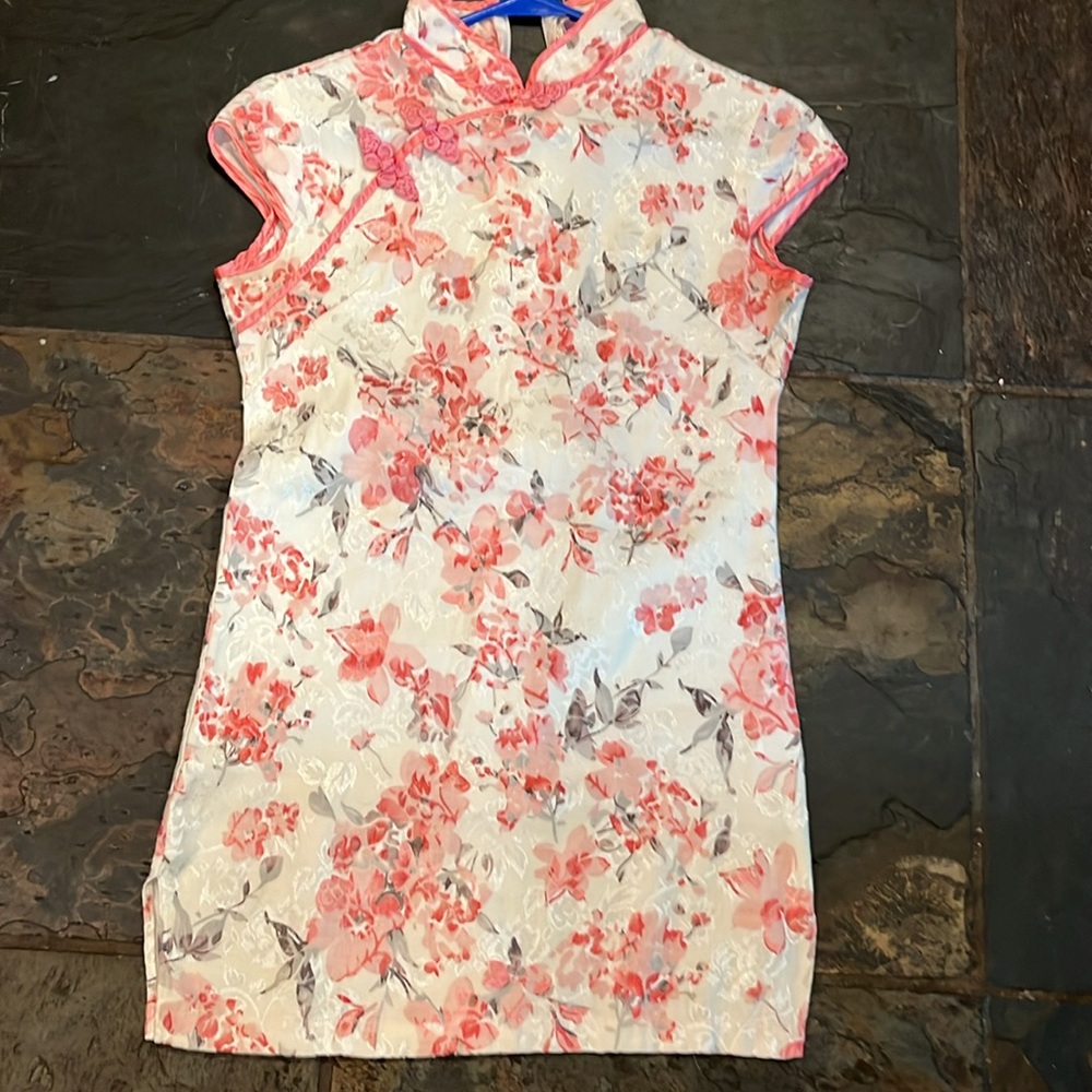 Asian short dress pink peach floral MANDARIN Chinese gray shiny flower small S